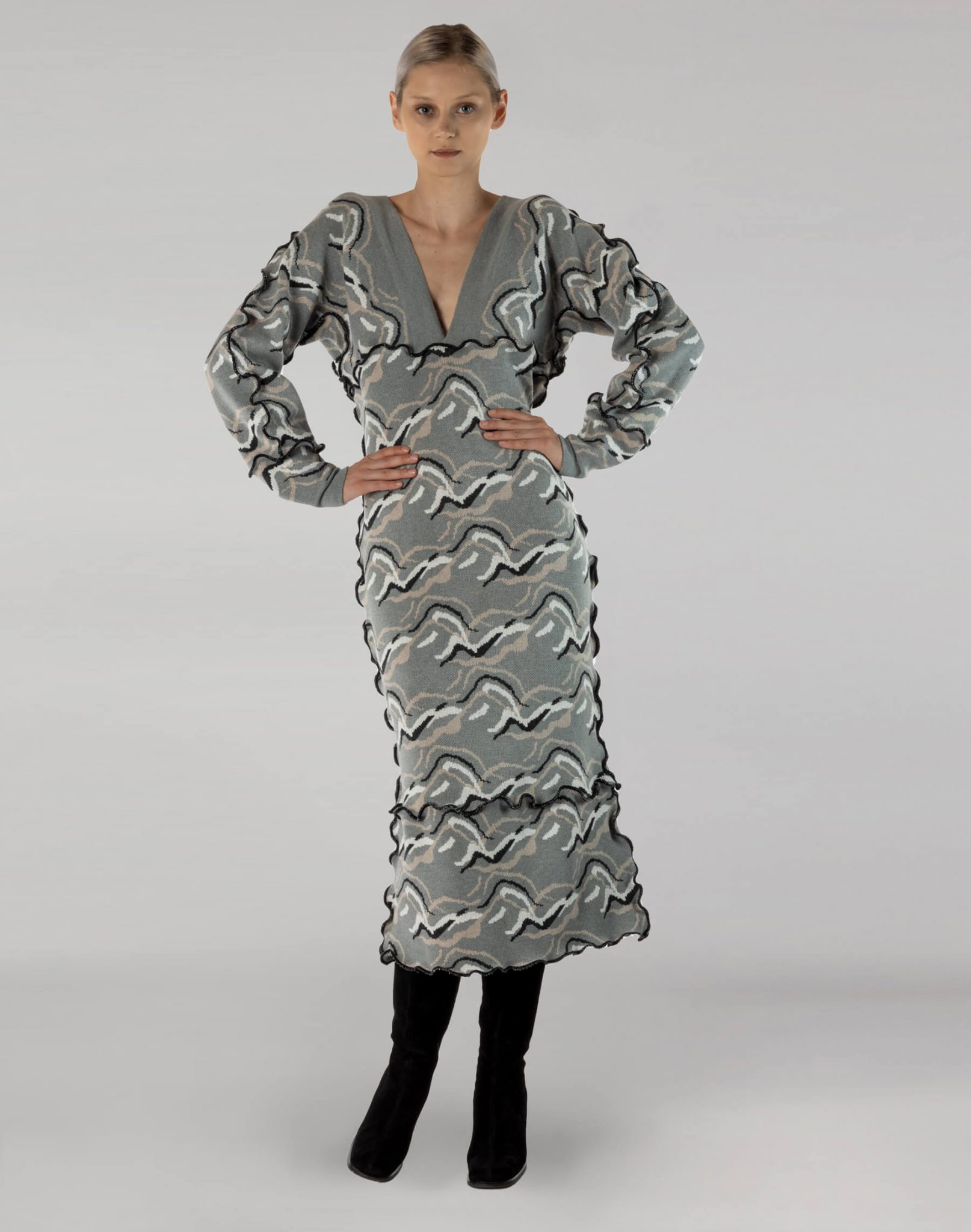 Jacquard Dress with Contrast Seams-Grey